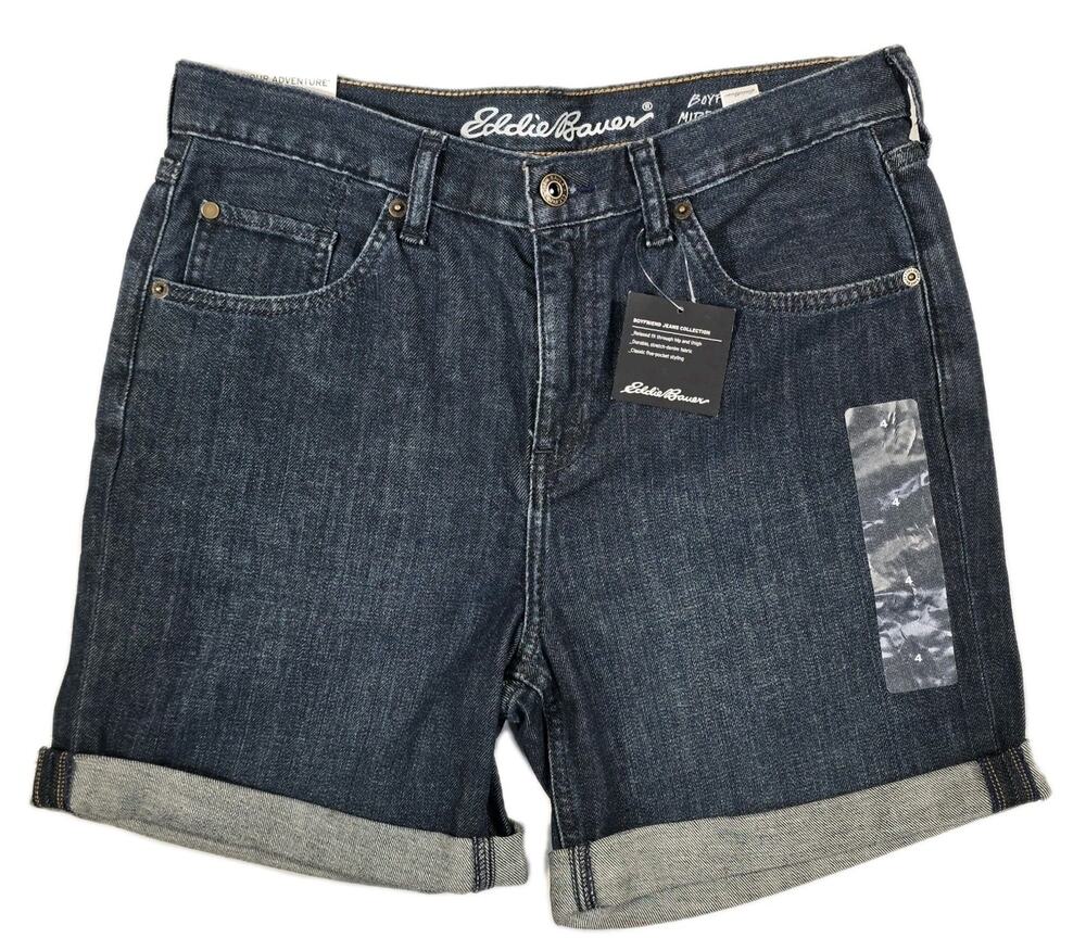 Eddie Bauer Women's Boyfriend Midrise Short Dark Wash Rolled Hem Shorts Sz 4 New